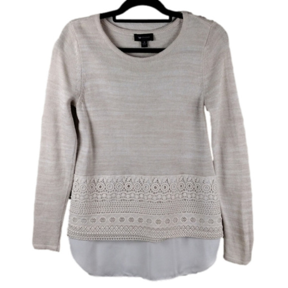 𝅺ab Studio Wheat Scoop Neckline Long Sleeve Layered Shirt Crochet Hem Sweater - Picture 1 of 12